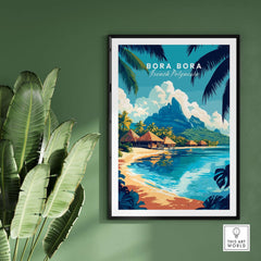 Bora Bora Wall Art depicting a vibrant tropical scene of Bora Bora, French Polynesia with clear waters and lush vegetation.