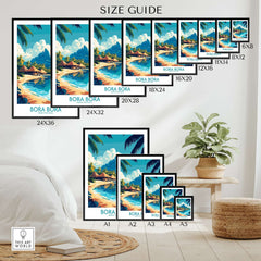 Bora Bora Wall Art Print size guide featuring various dimensions for decor selection.