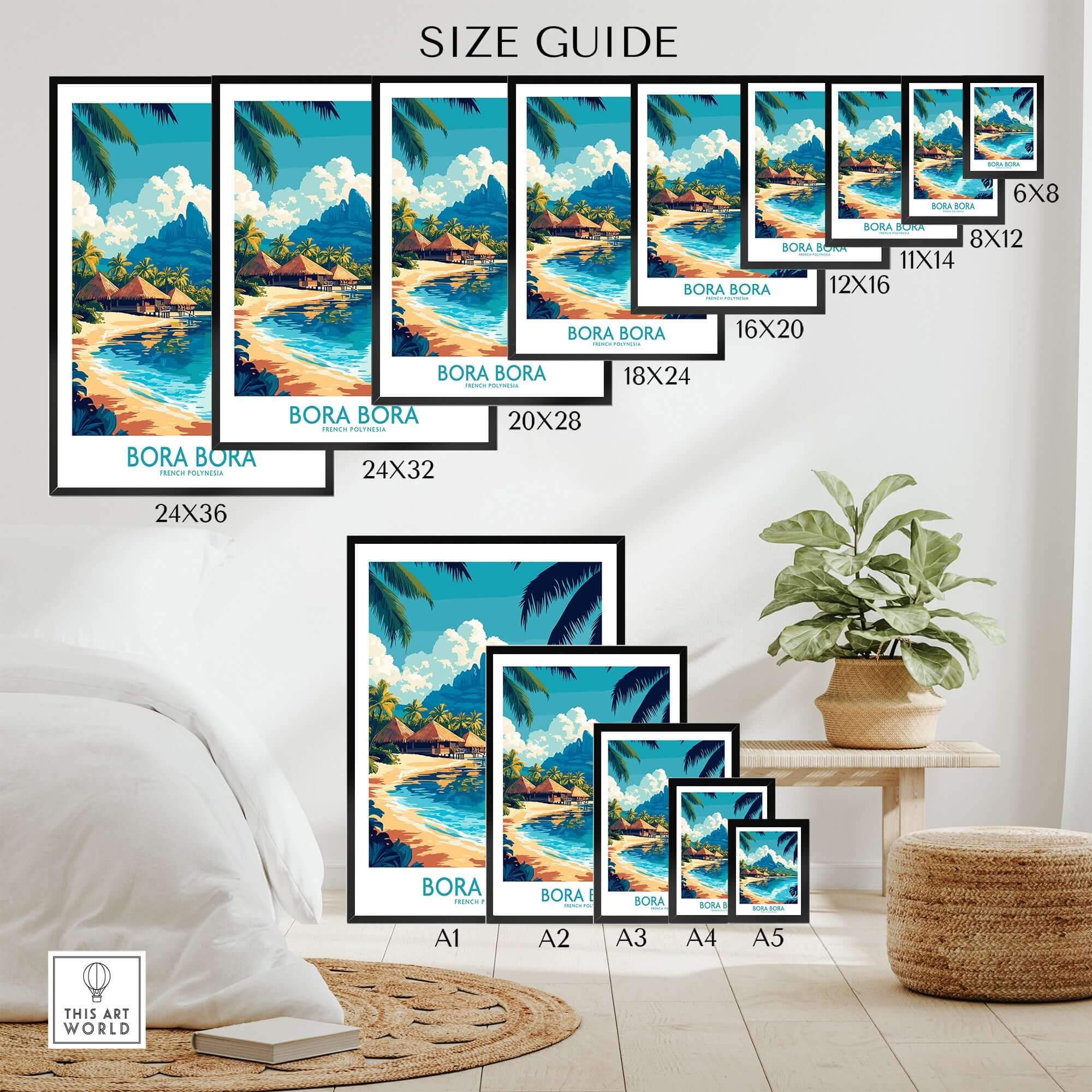 Bora Bora Wall Art Print size guide featuring various dimensions for decor selection.