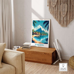 Bora Bora Wall Art Print featuring vibrant colors and serene coastal scenery in a stylish home setting.