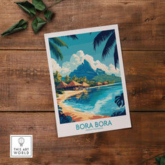 Bora Bora Wall Art Print featuring a colorful beach scene with mountains and palm trees.