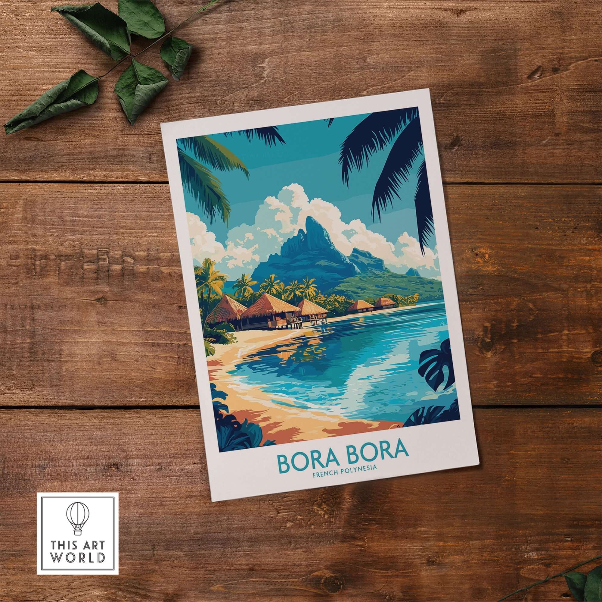 Bora Bora Wall Art Print featuring a colorful beach scene with mountains and palm trees.