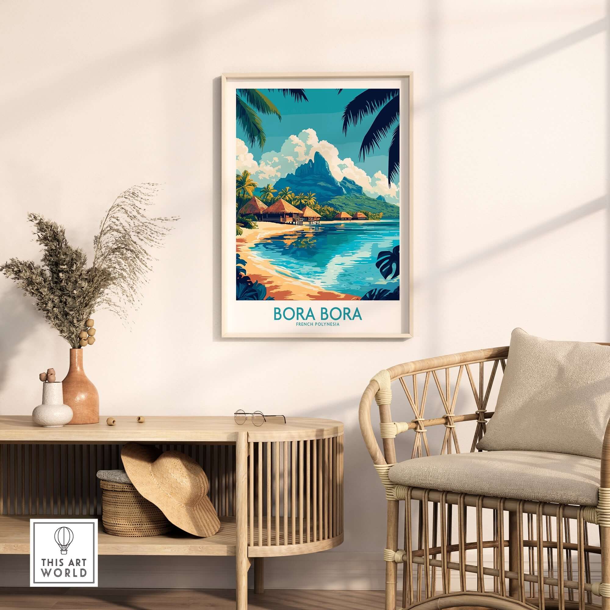 Bora Bora Wall Art Print in a modern living space with tropical scenery and vibrant colors.