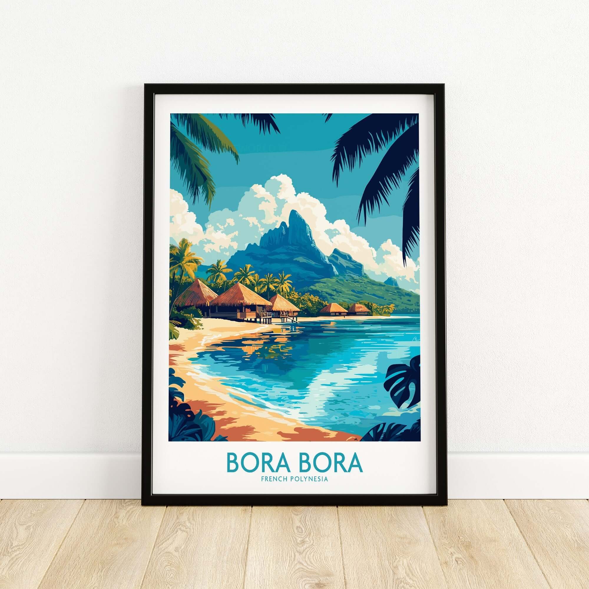 Bora Bora Wall Art Print featuring vibrant colors and tropical scenery in a framed design.