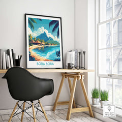 Bora Bora Wall Art Print displayed in a stylish interior setting with a desk and chair, enhancing the room's ambiance.