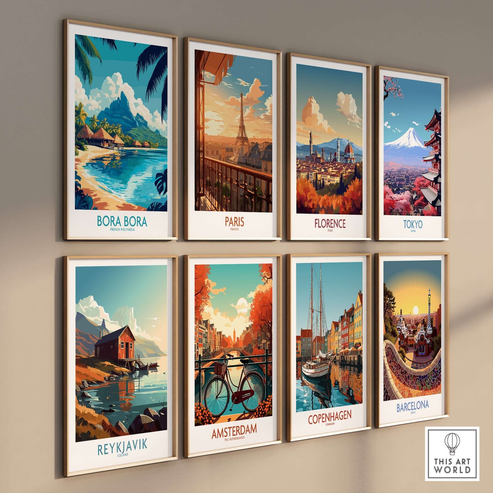 Bora Bora Wall Art Print showcasing vibrant travel posters of famous cities like Paris and Tokyo on a stylish wall.