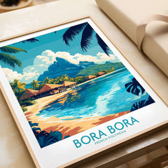 Bora Bora Wall Art Print featuring a vibrant beach scene with tropical elements and a serene atmosphere.