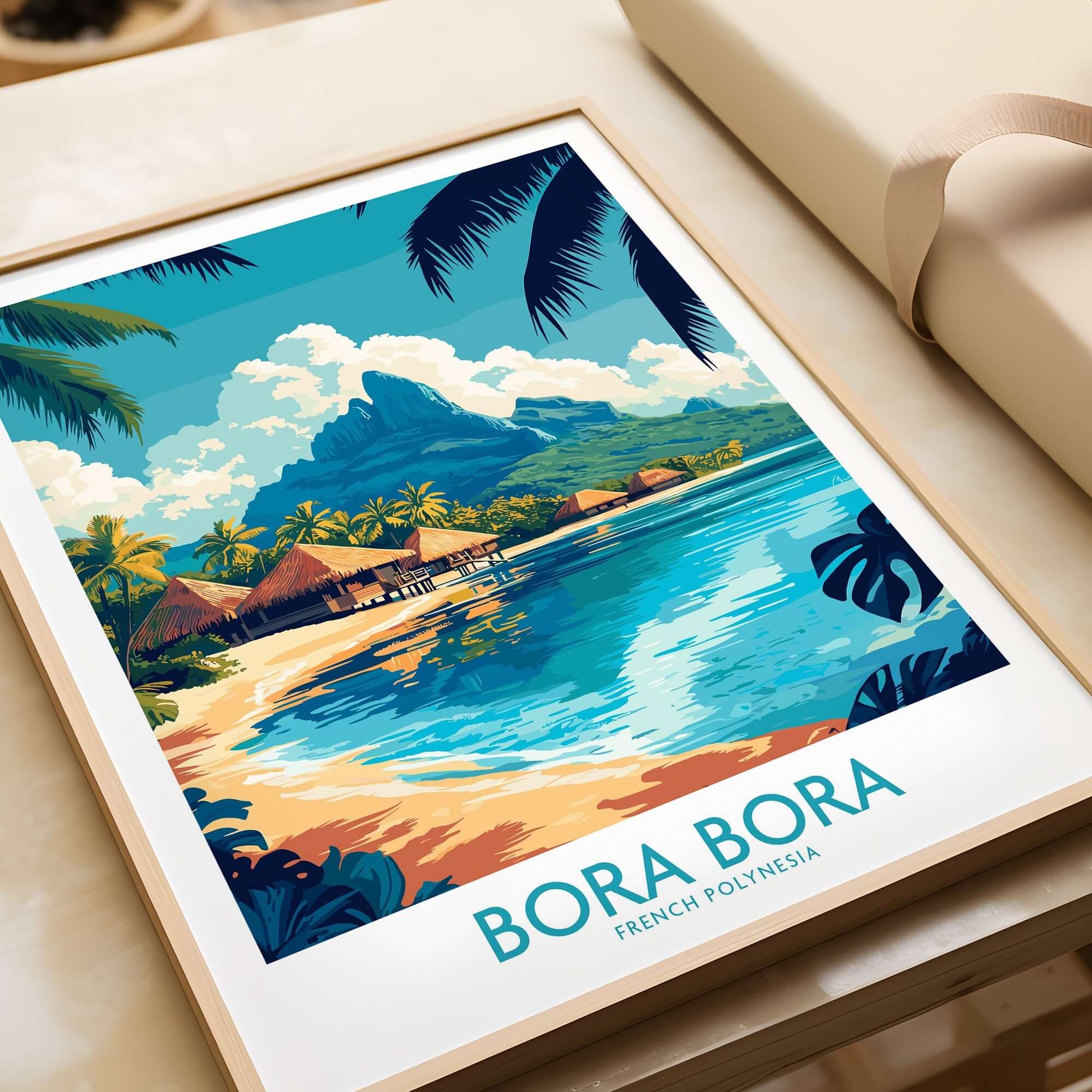 Bora Bora Wall Art Print featuring a vibrant beach scene with tropical elements and a serene atmosphere.