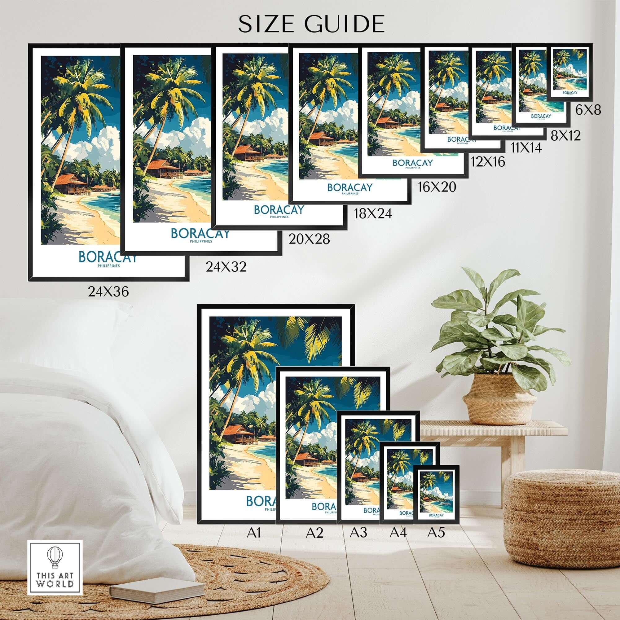 Boracay Philippines Travel Poster size guide with various poster dimensions on a wall displaying palm trees and beach.
