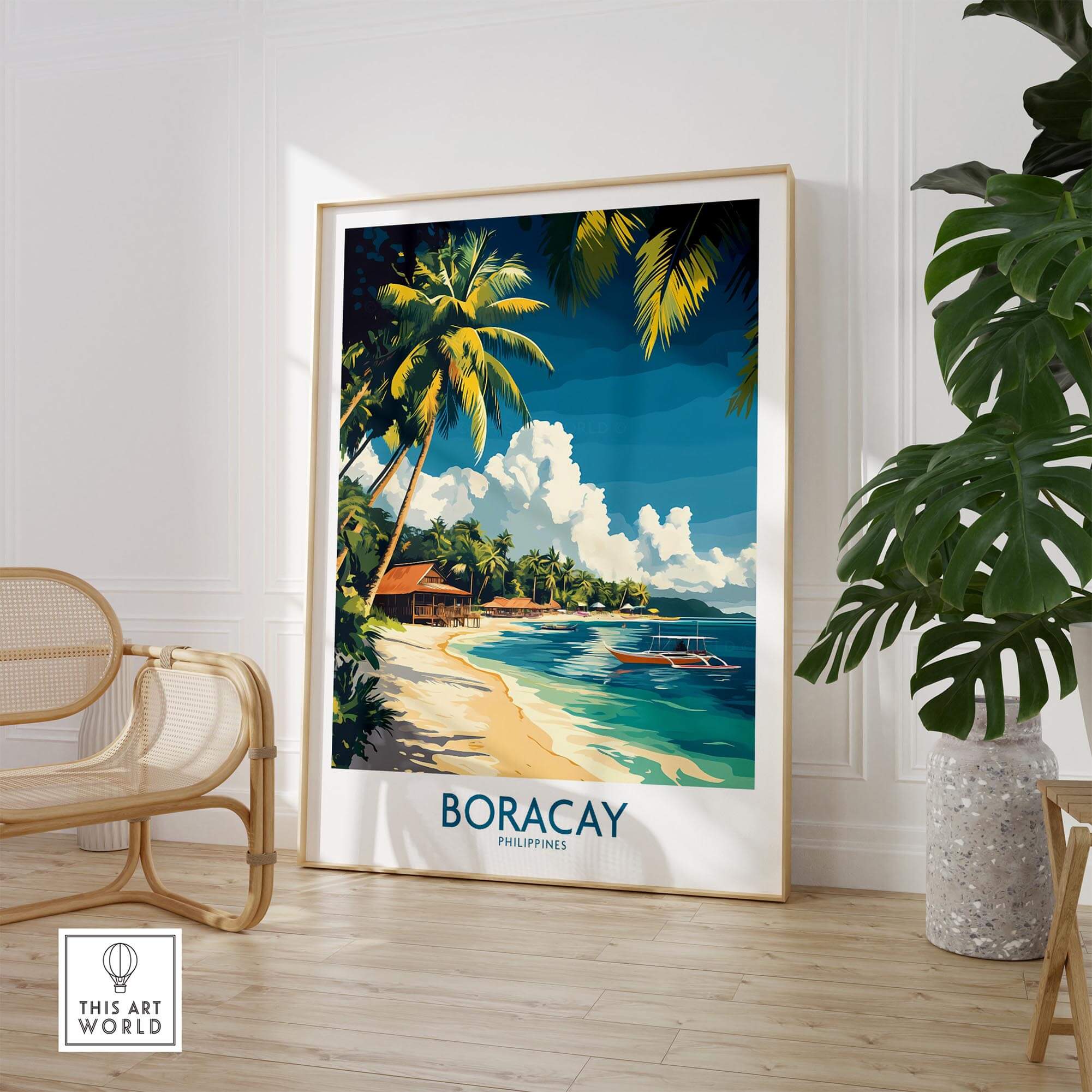 Boracay Philippines Travel Poster showcasing a tropical beach scene with palm trees and crystal-clear waters.