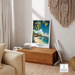 Boracay Philippines Travel Poster displayed in a stylish living room, highlighting tropical vibes and serene beach aesthetics.