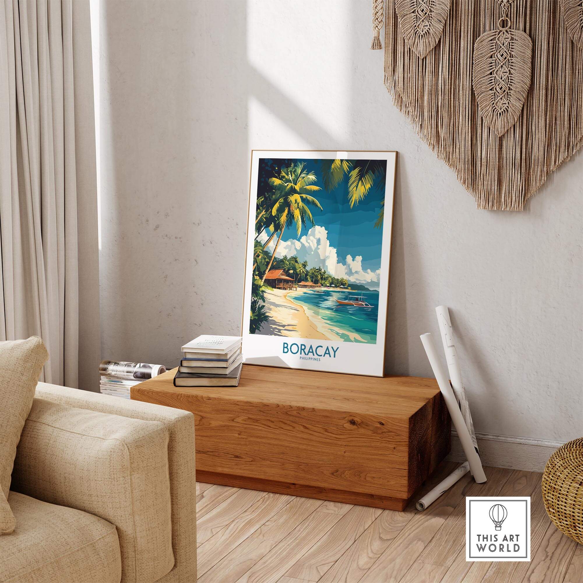 Boracay Philippines Travel Poster displayed in a stylish living room, highlighting tropical vibes and serene beach aesthetics.