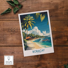 Boracay Philippines Travel Poster showcasing beautiful tropical beach and palm trees illustration