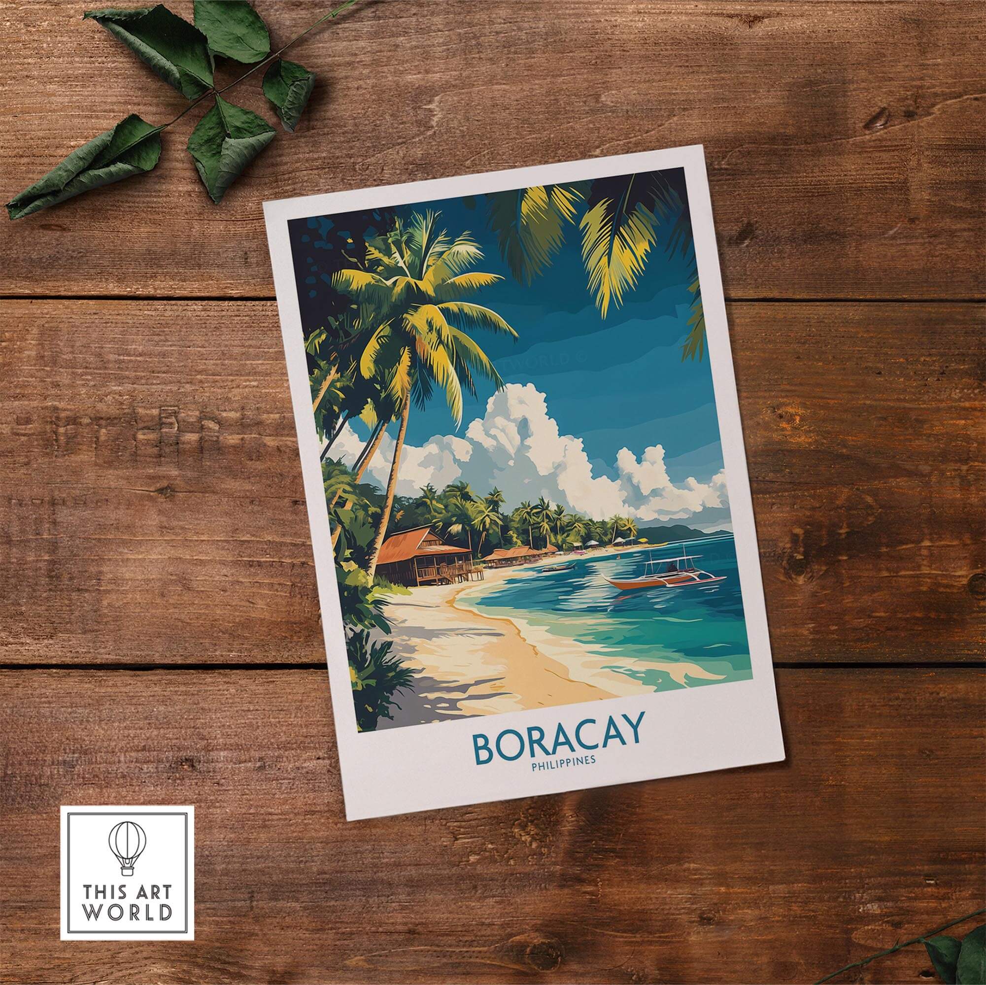 Boracay Philippines Travel Poster showcasing beautiful tropical beach and palm trees illustration