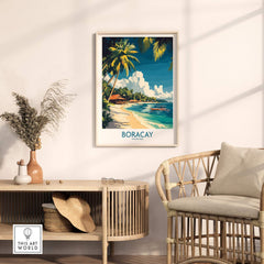 Boracay Philippines Travel Poster displayed in a stylish room with tropical decor and wall art, capturing the beauty of Boracay.