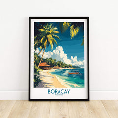 Boracay Philippines Travel Poster showcasing a serene beach scene with palm trees and a boat in the beautiful Philippines.