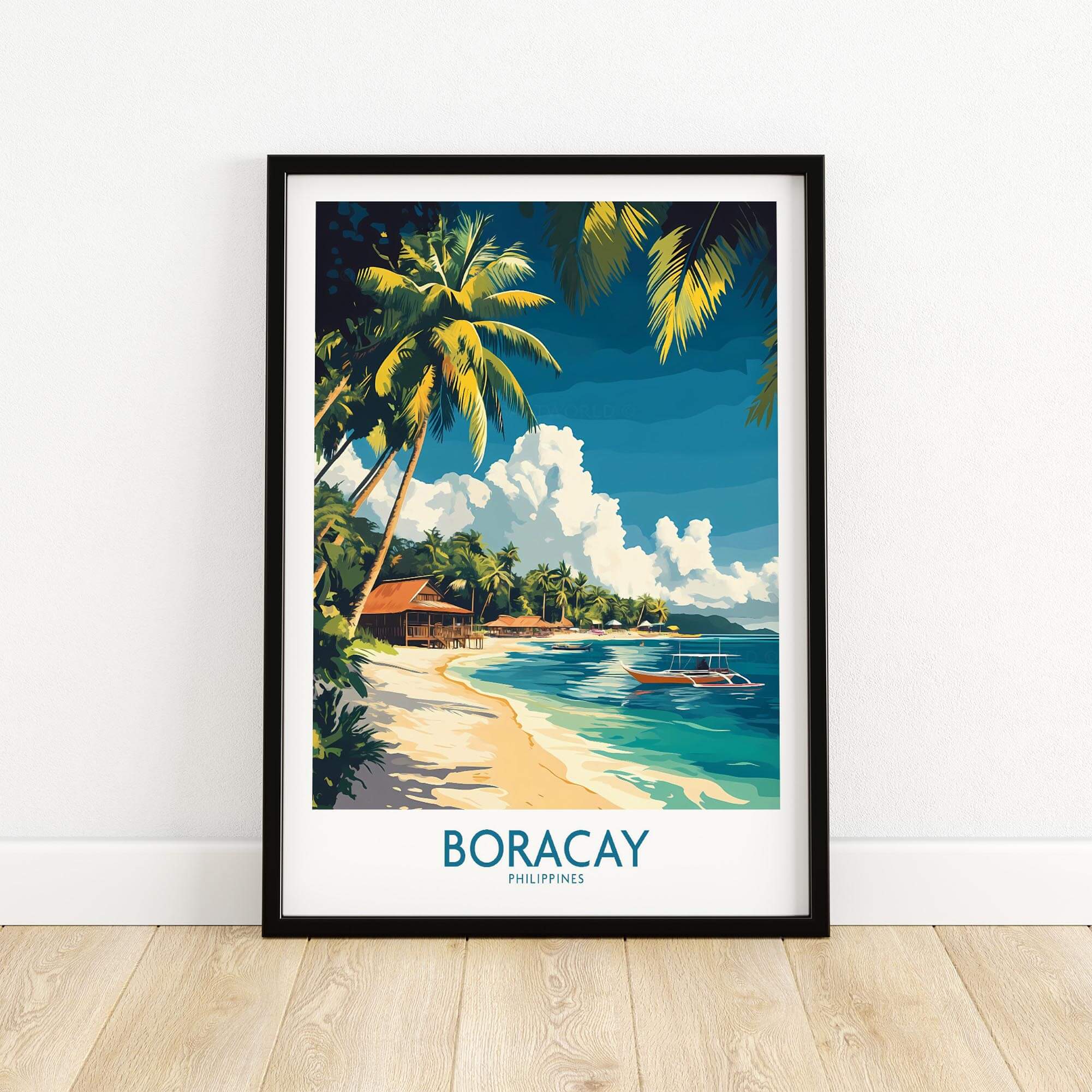 Boracay Philippines Travel Poster showcasing a serene beach scene with palm trees and a boat in the beautiful Philippines.