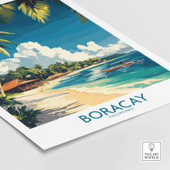 Boracay Philippines Travel Poster showcasing a beautiful beach scene with palm trees and clear waters.