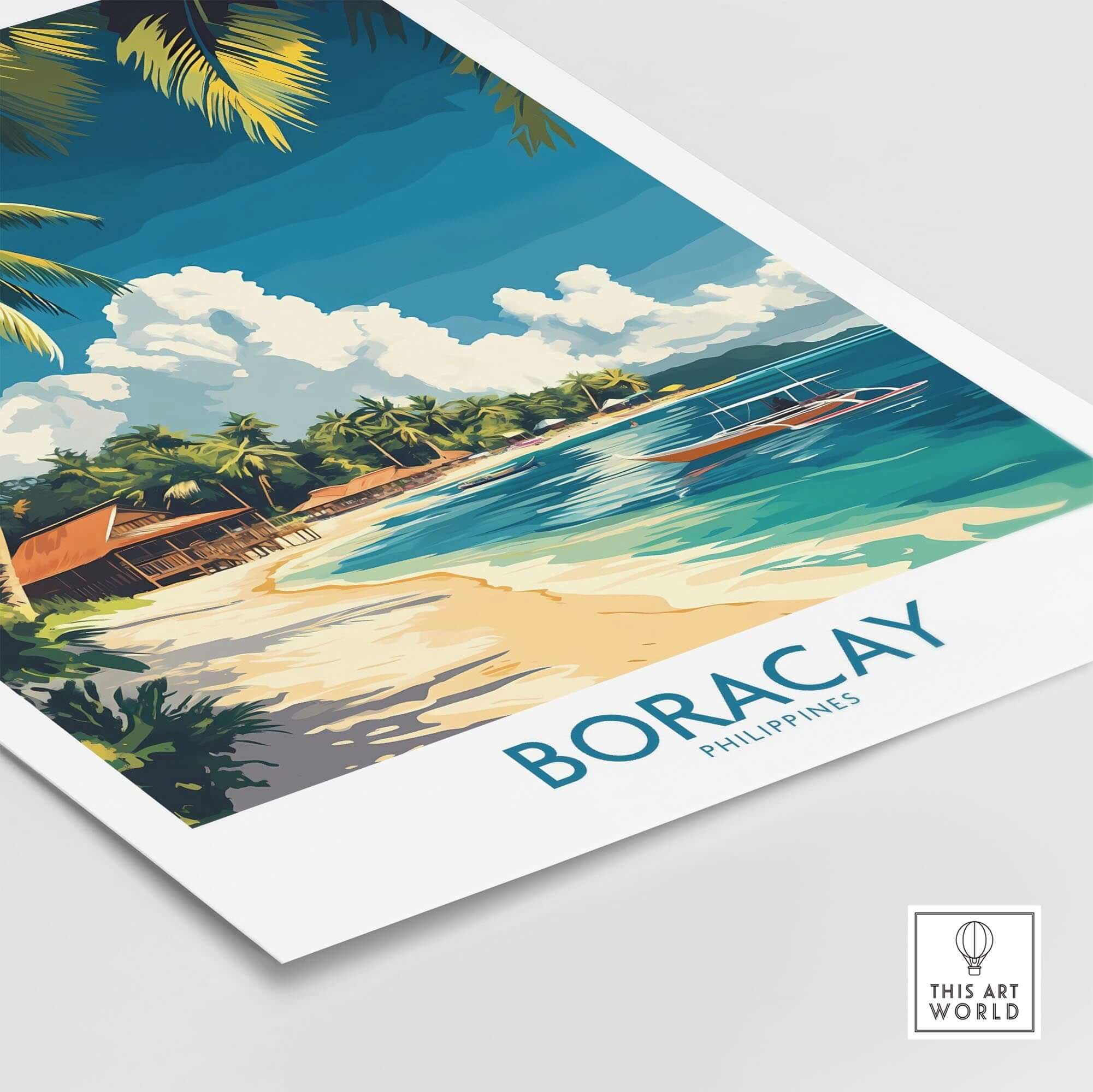 Boracay Philippines Travel Poster showcasing a beautiful beach scene with palm trees and clear waters.