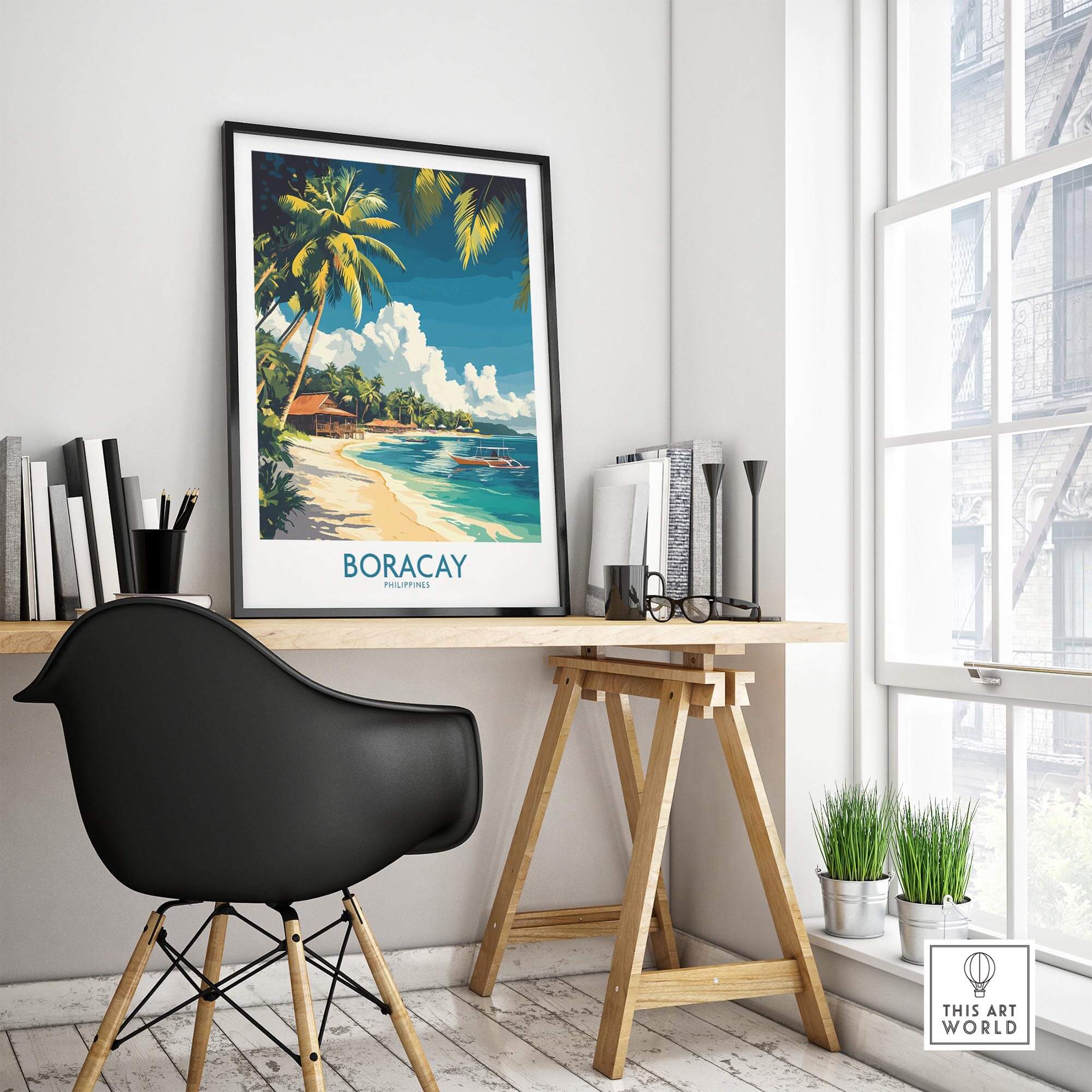 Boracay Philippines Travel Poster displayed in a stylish interior, enhancing the room's tropical theme.