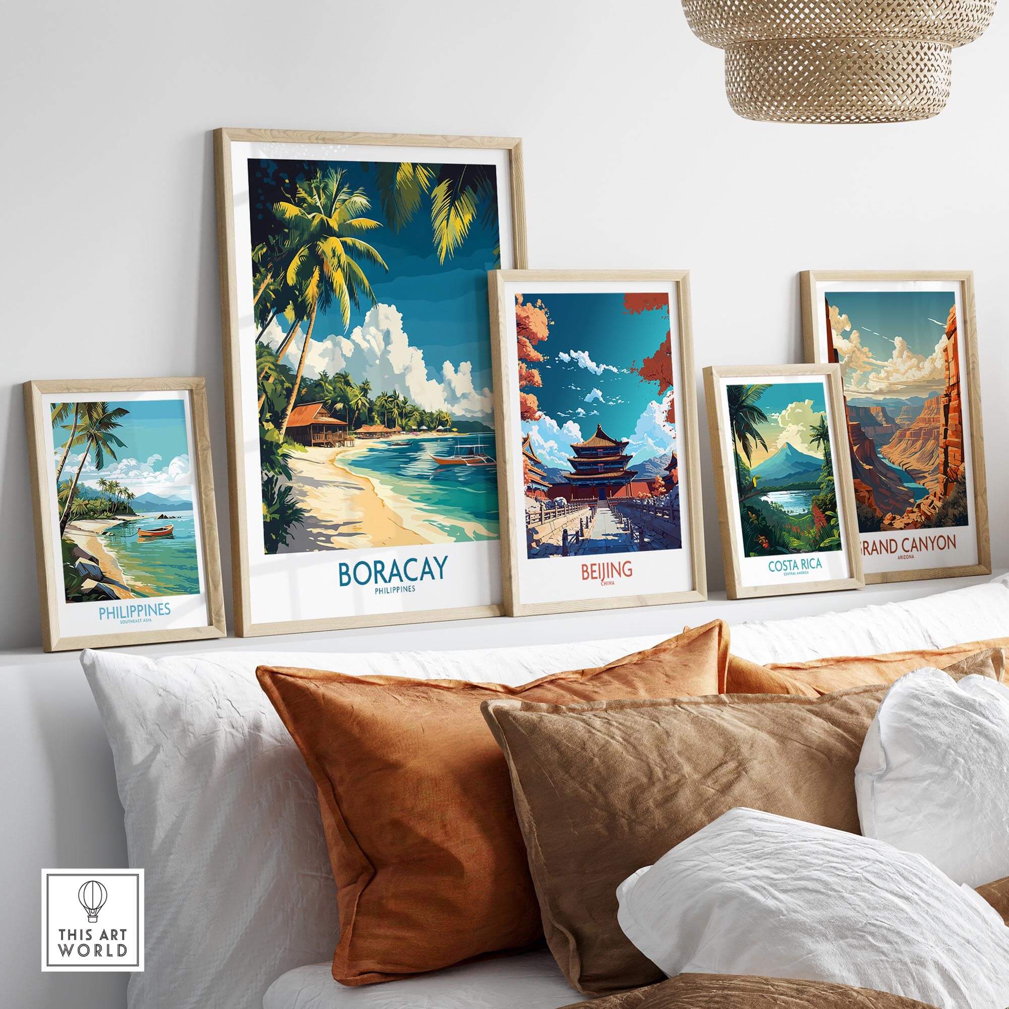 Boracay Philippines Travel Poster showcased among travel-themed wall art in a stylish home setting.
