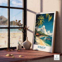 Boracay Philippines Travel Poster displayed on a wooden table by a window, showcasing tropical beach scenery.