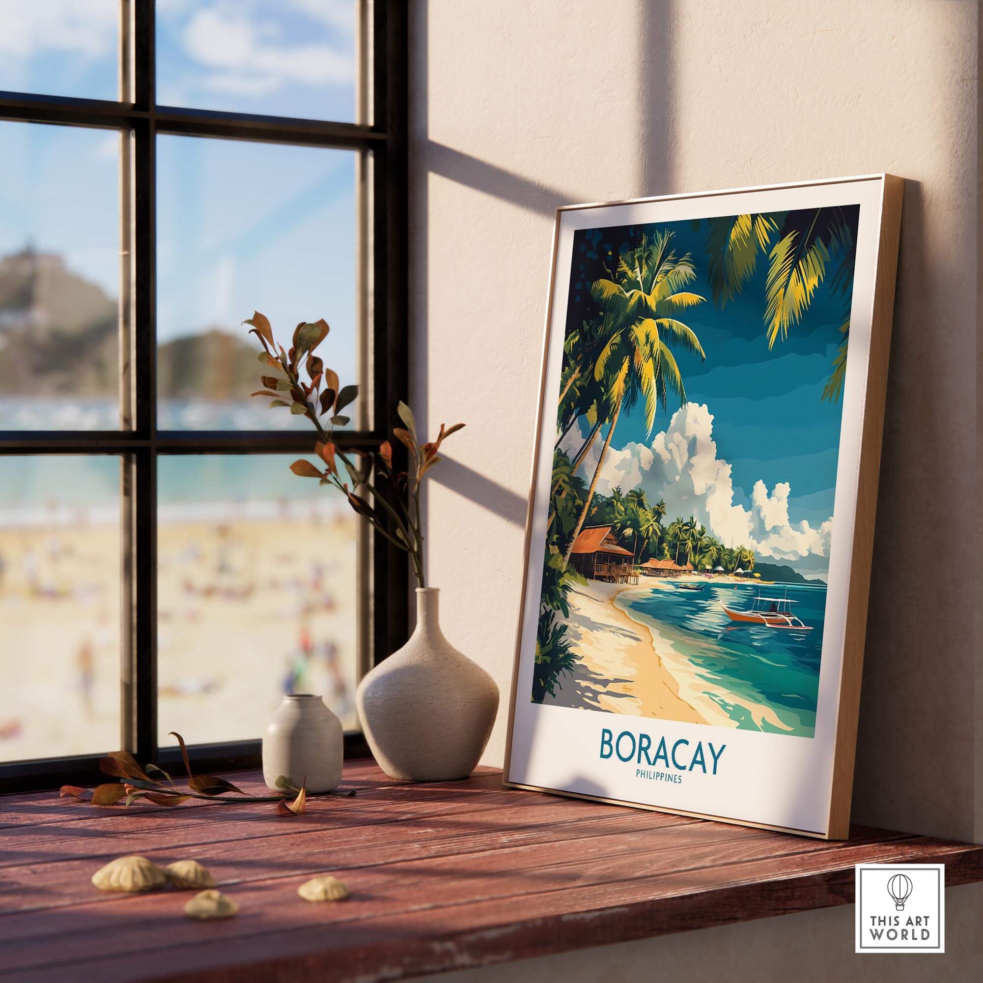 Boracay Philippines Travel Poster displayed on a wooden table by a window, showcasing tropical beach scenery.