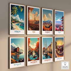 Boracay Philippines Travel Poster showcasing a beautiful beach scene as part of a travel art collection on a wall.