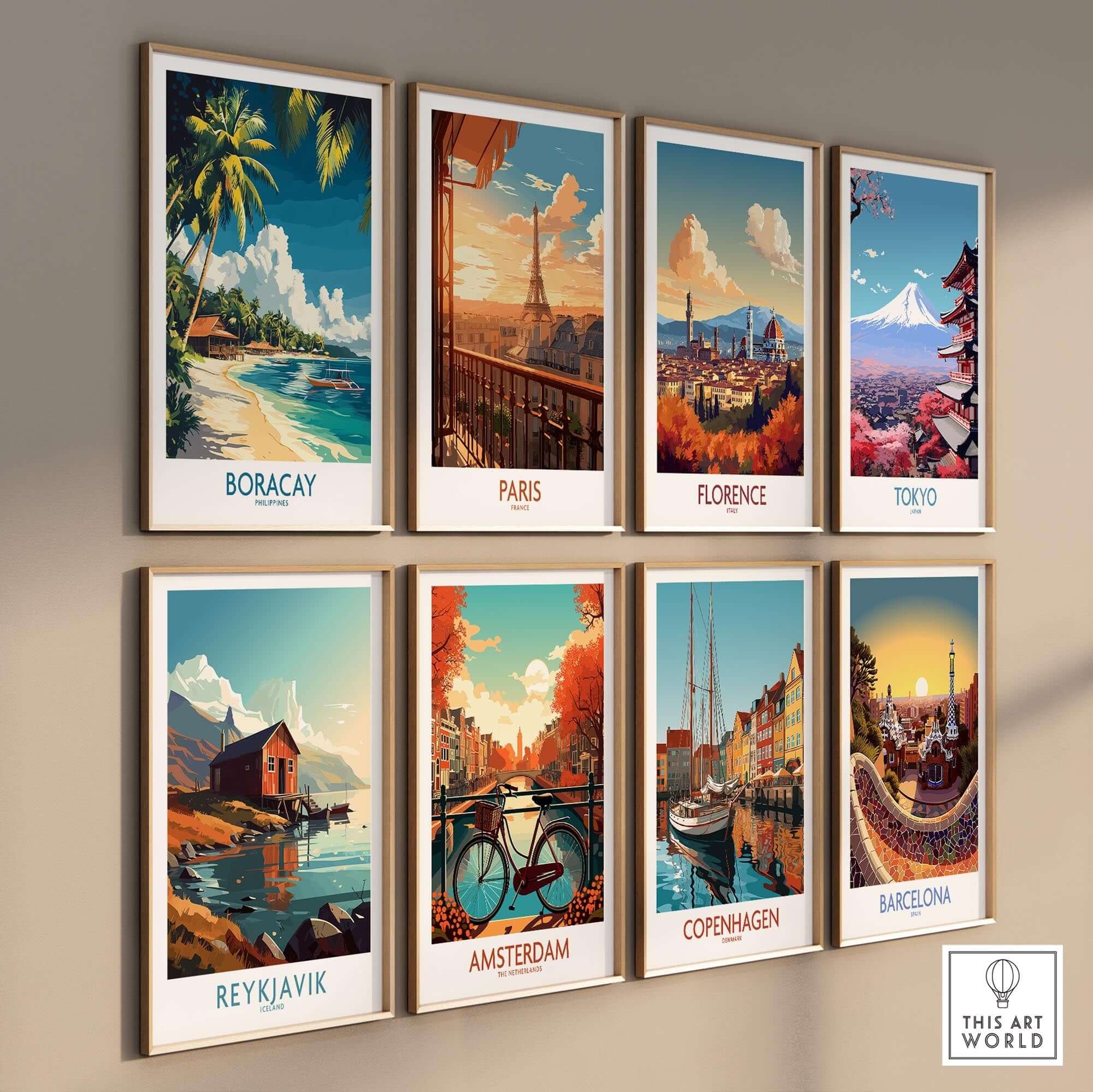 Boracay Philippines Travel Poster showcasing a beautiful beach scene as part of a travel art collection on a wall.