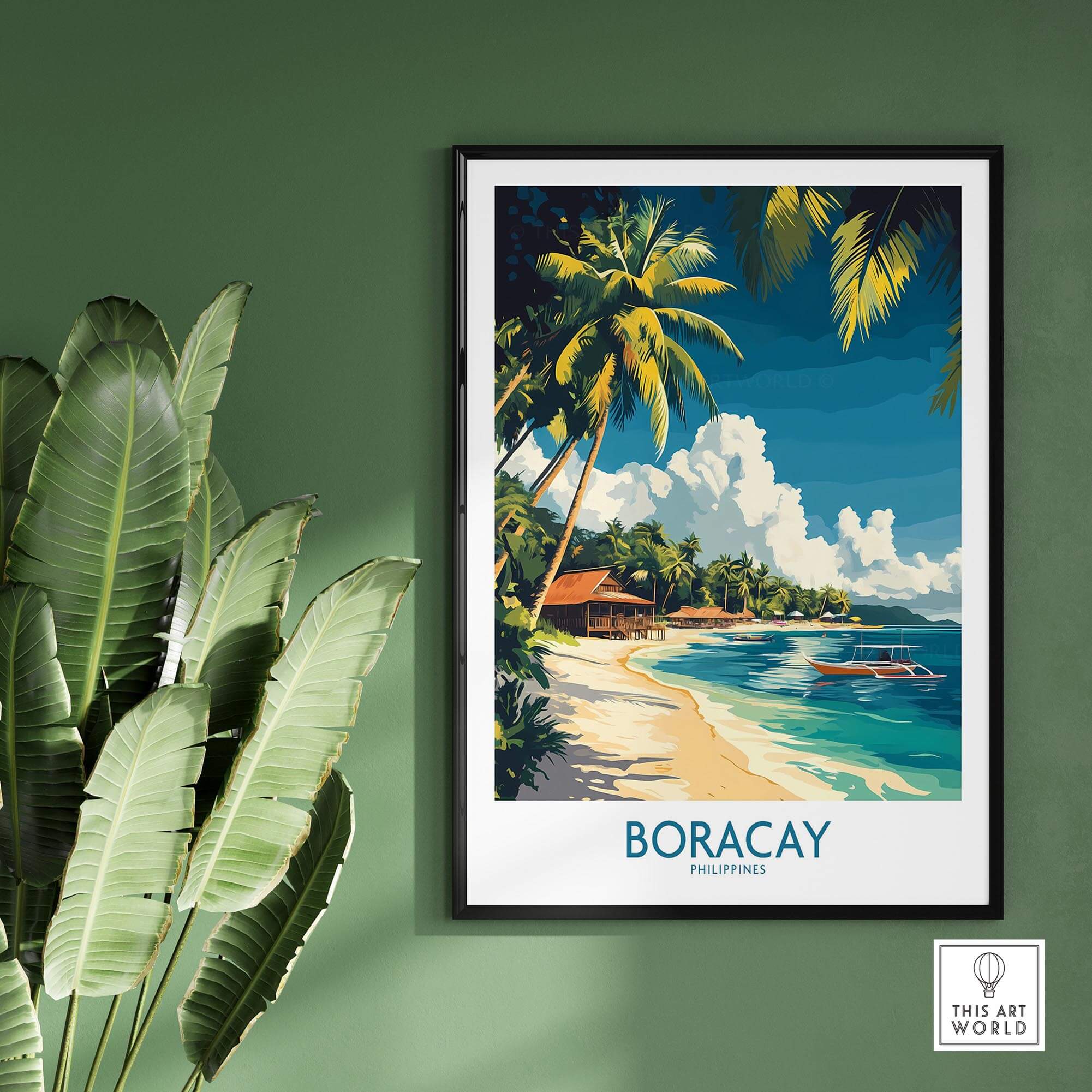 Boracay Philippines Travel Poster showcasing a tropical beach scene with palm trees and clear blue waters.