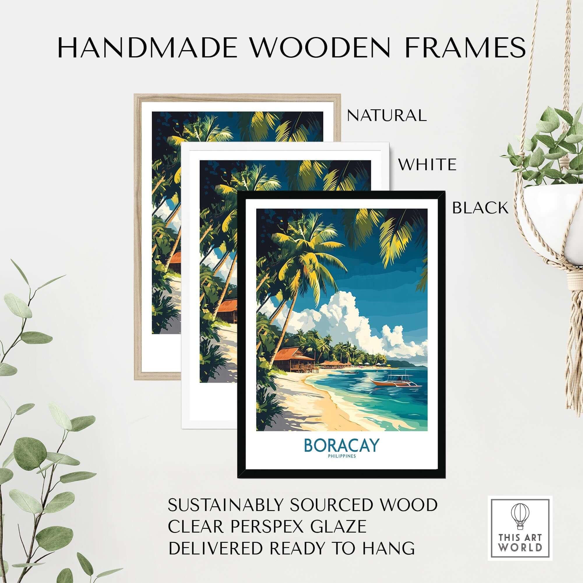 Boracay Philippines Travel Poster in handmade wooden frames, showcasing natural, white, and black options for stylish wall art.