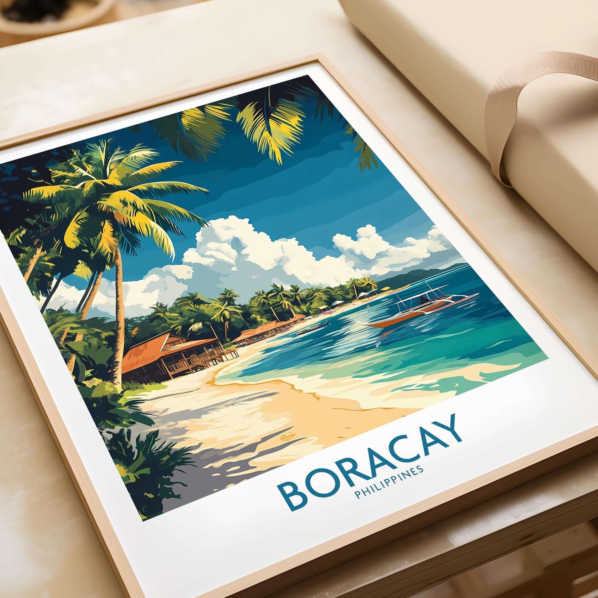 Boracay Philippines Travel Poster showcasing a tropical beach scene with palm trees and a serene ocean view.