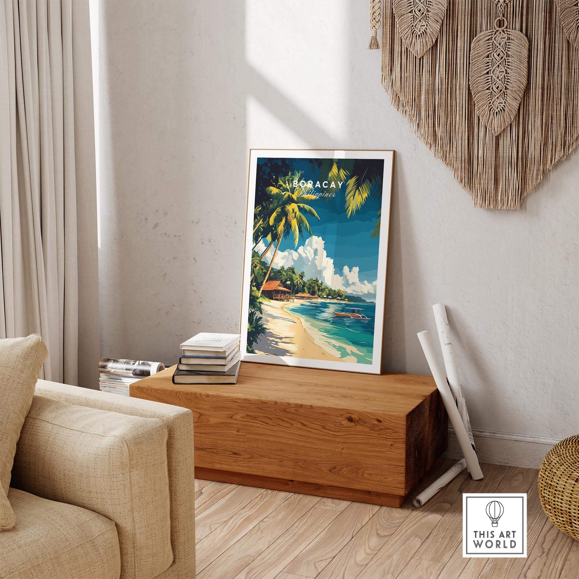 Boracay Philippines Travel Print showcasing stunning tropical scenery in a modern living room setting.