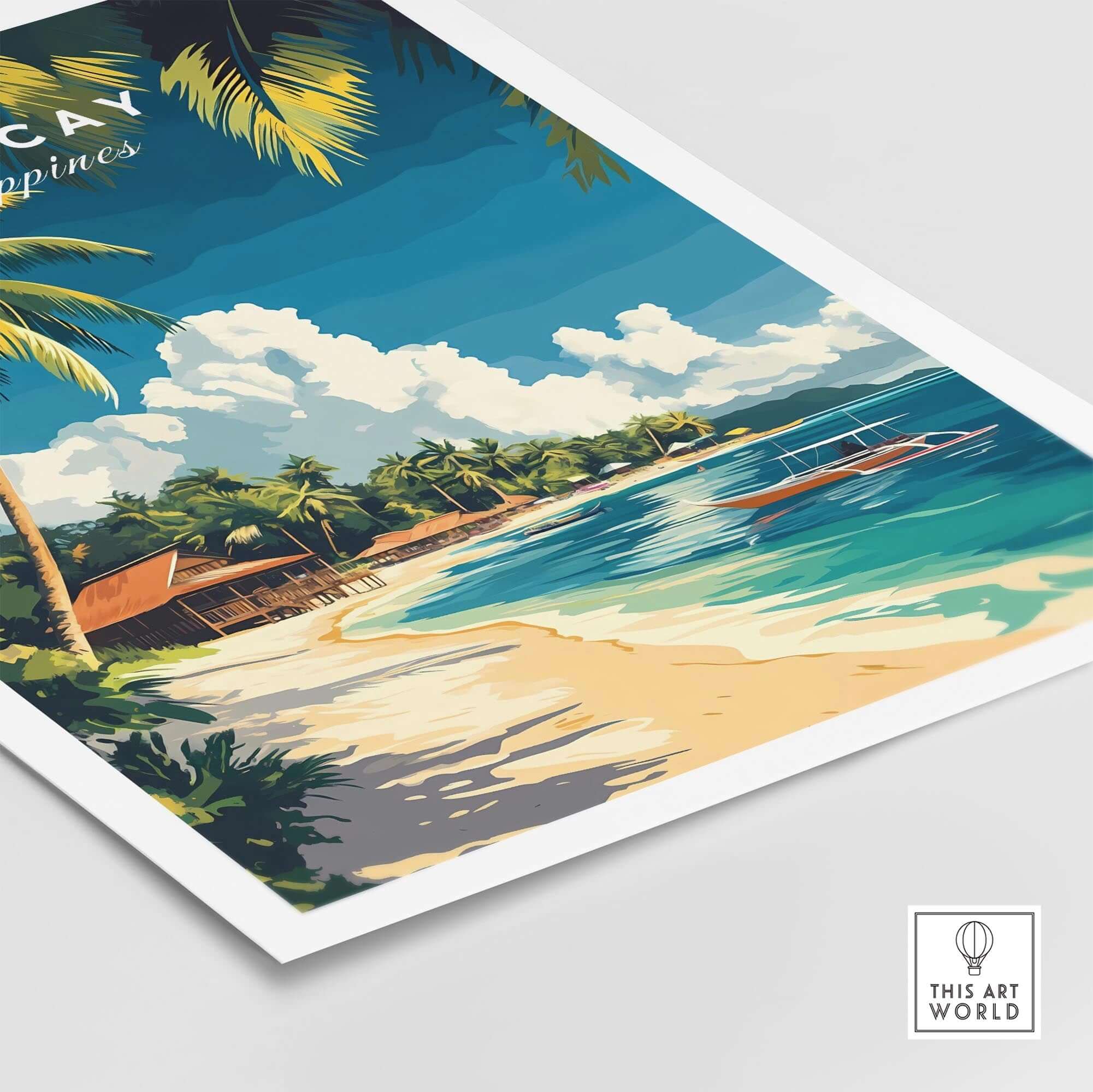 Boracay Philippines Travel Print featuring white sandy beaches and crystal clear waters, tropical landscape wall art.