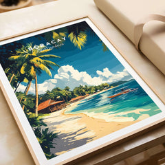 Boracay Philippines Travel Print featuring tropical beach, clear waters, and palm trees, perfect wall art for home decor.