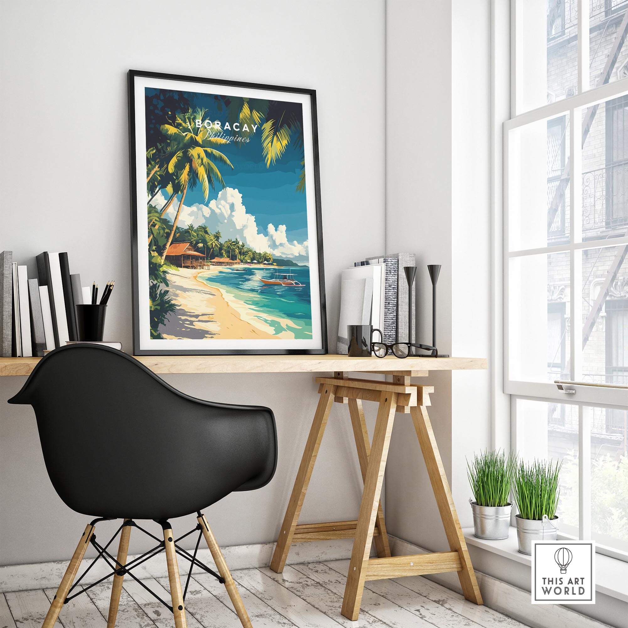 Boracay Philippines Travel Print showcasing tropical beach and crystal clear waters in a modern interior decor setting.