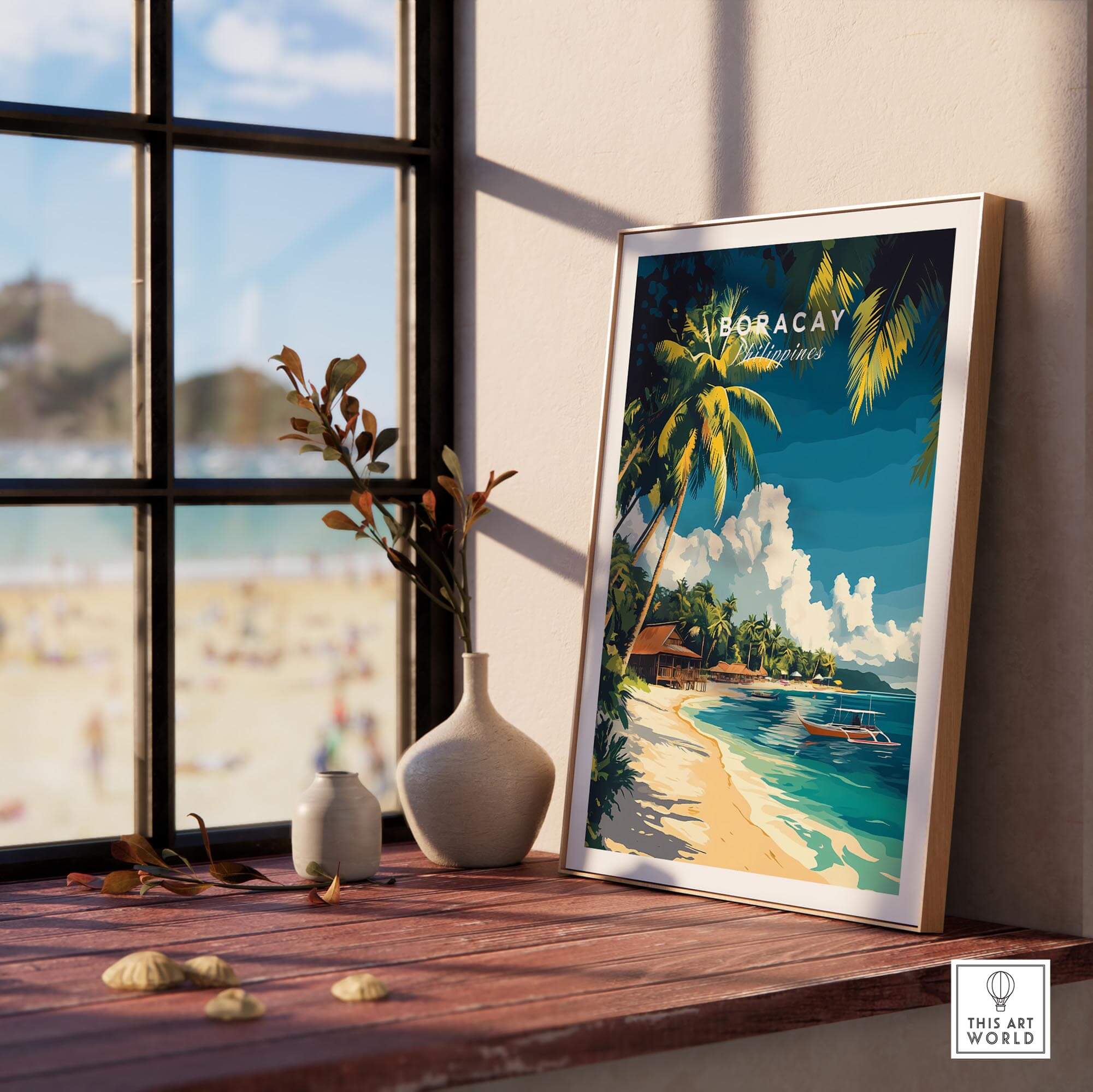 Boracay Philippines Travel Print showcasing crystal clear waters and white sandy beaches in vibrant colors.