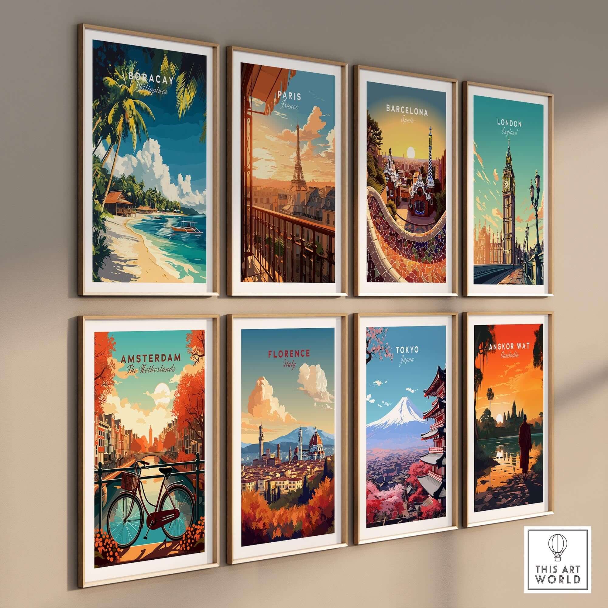 Boracay Philippines Travel Print featuring vibrant travel posters of Boracay, Paris, Barcelona, London, and more.