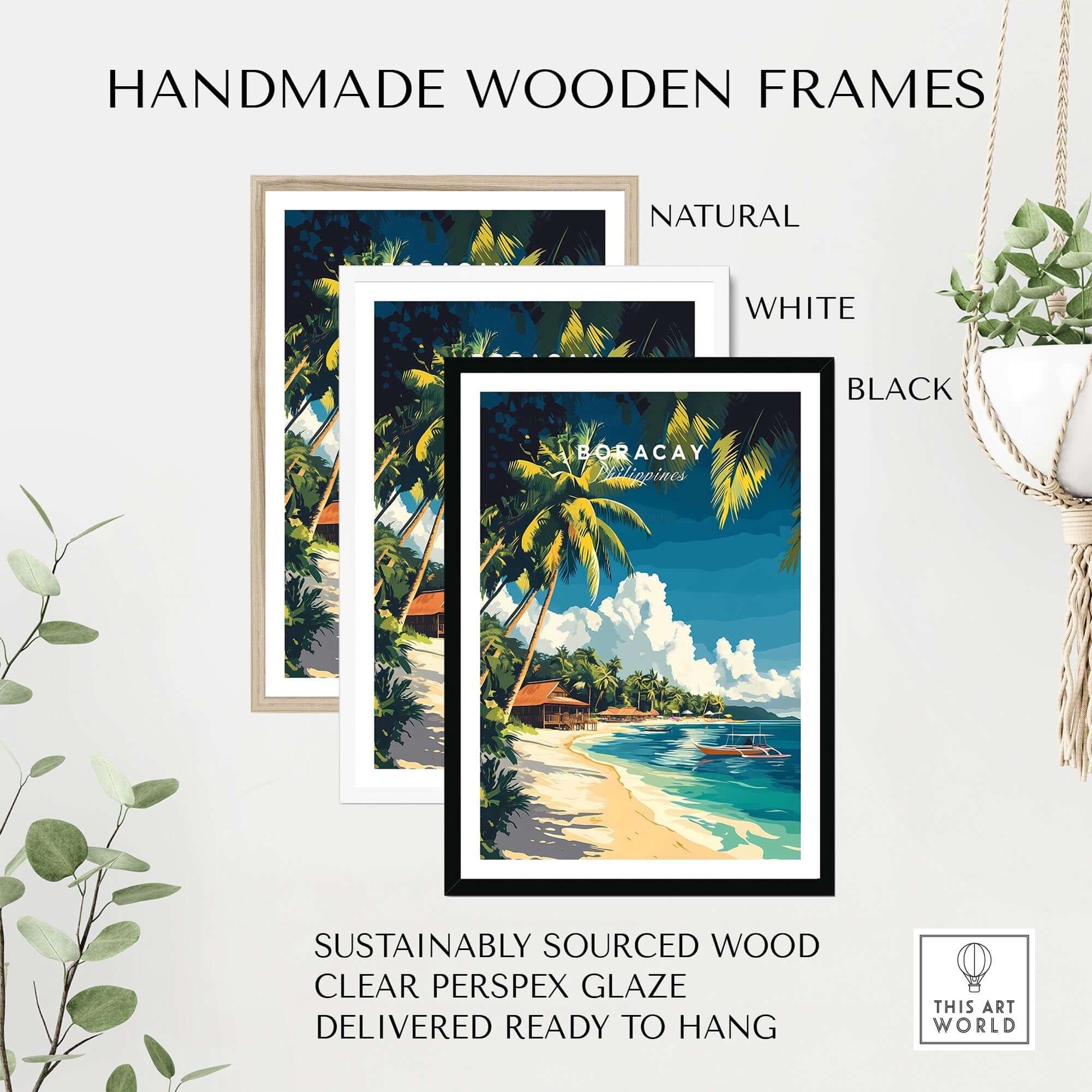Handmade wooden frames in natural, white, and black for Boracay Philippines Travel Print wall art, made with sustainably sourced wood.