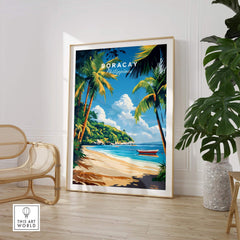 Boracay Philippines Wall Art showcasing vibrant tropical scenery with palm trees and a beach.
