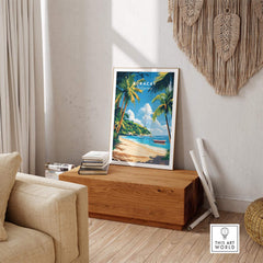 Boracay Philippines Wall Art featuring a tropical beach scene with palm trees and a boat.