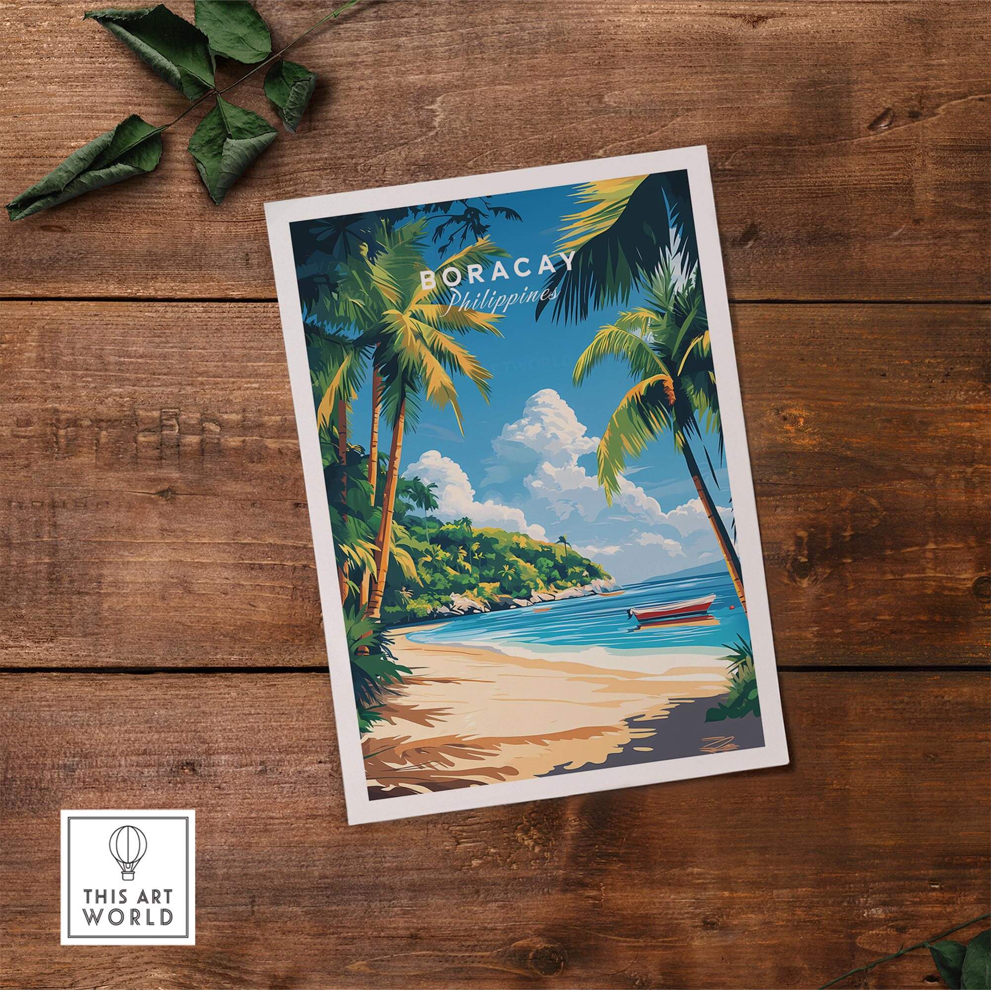 Boracay Philippines Wall Art featuring a vibrant beach scene with palms, blue skies, and a boat on the shore.