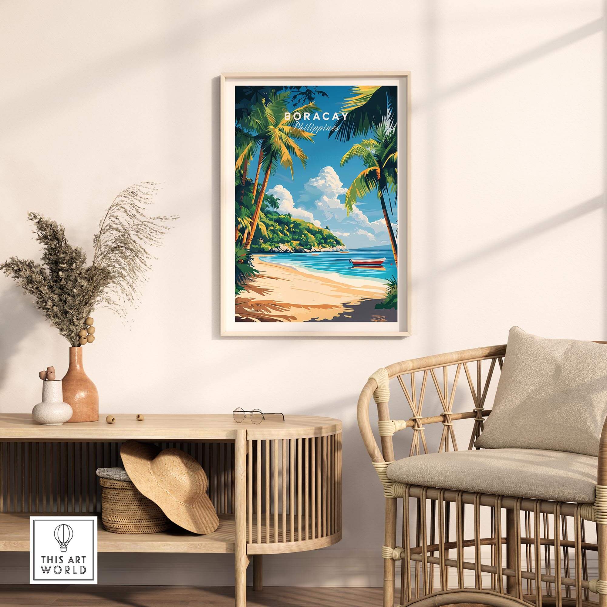 Boracay Philippines Wall Art featuring vibrant beach scenery and tropical foliage in home decor setting.