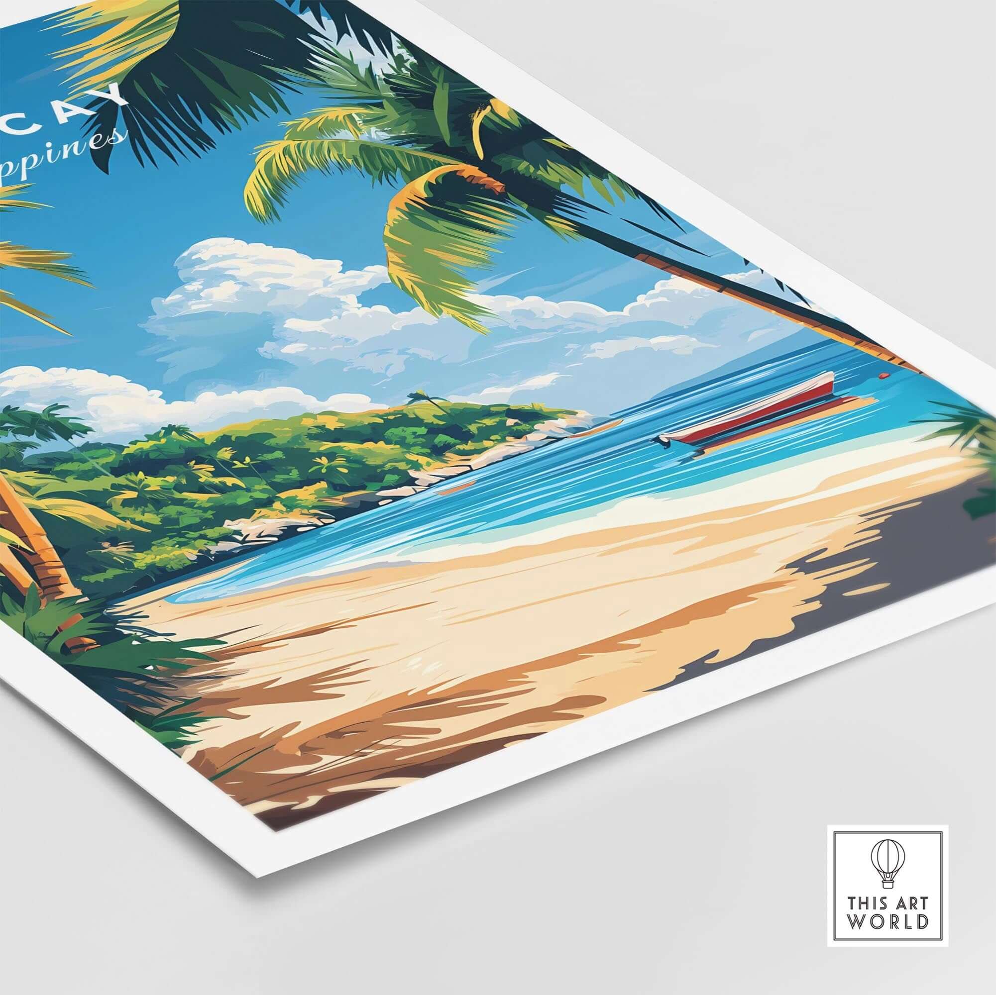 Boracay Philippines Wall Art featuring a vibrant beach scene with palm trees and a boat on a sunny day.