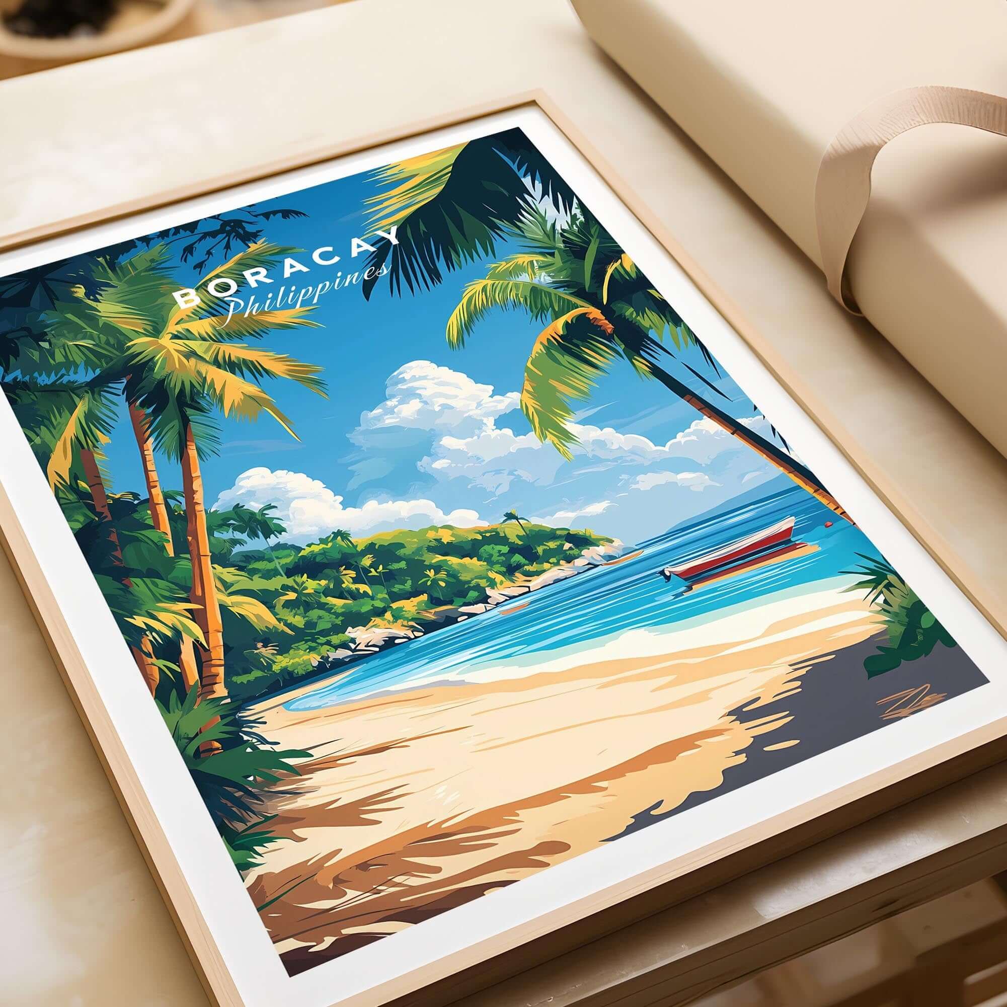 Boracay Philippines Wall Art featuring a vibrant beach scene with palm trees and a serene ocean view in tropical colors.