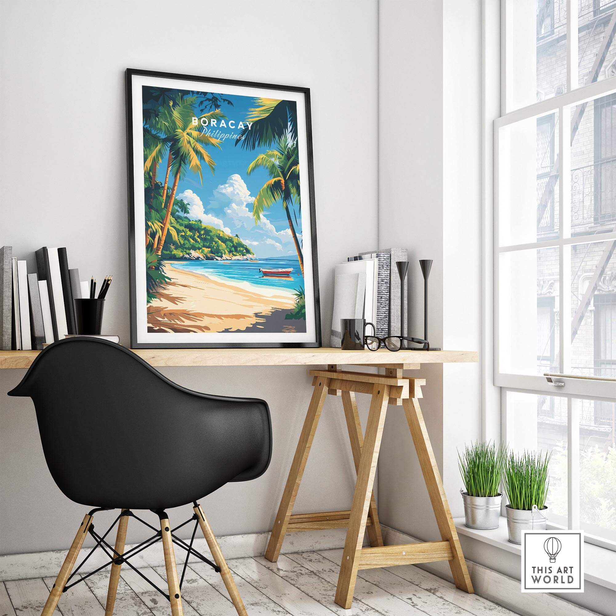 Boracay Philippines Wall Art displayed in a modern home office setting with beach and palm trees backdrop.