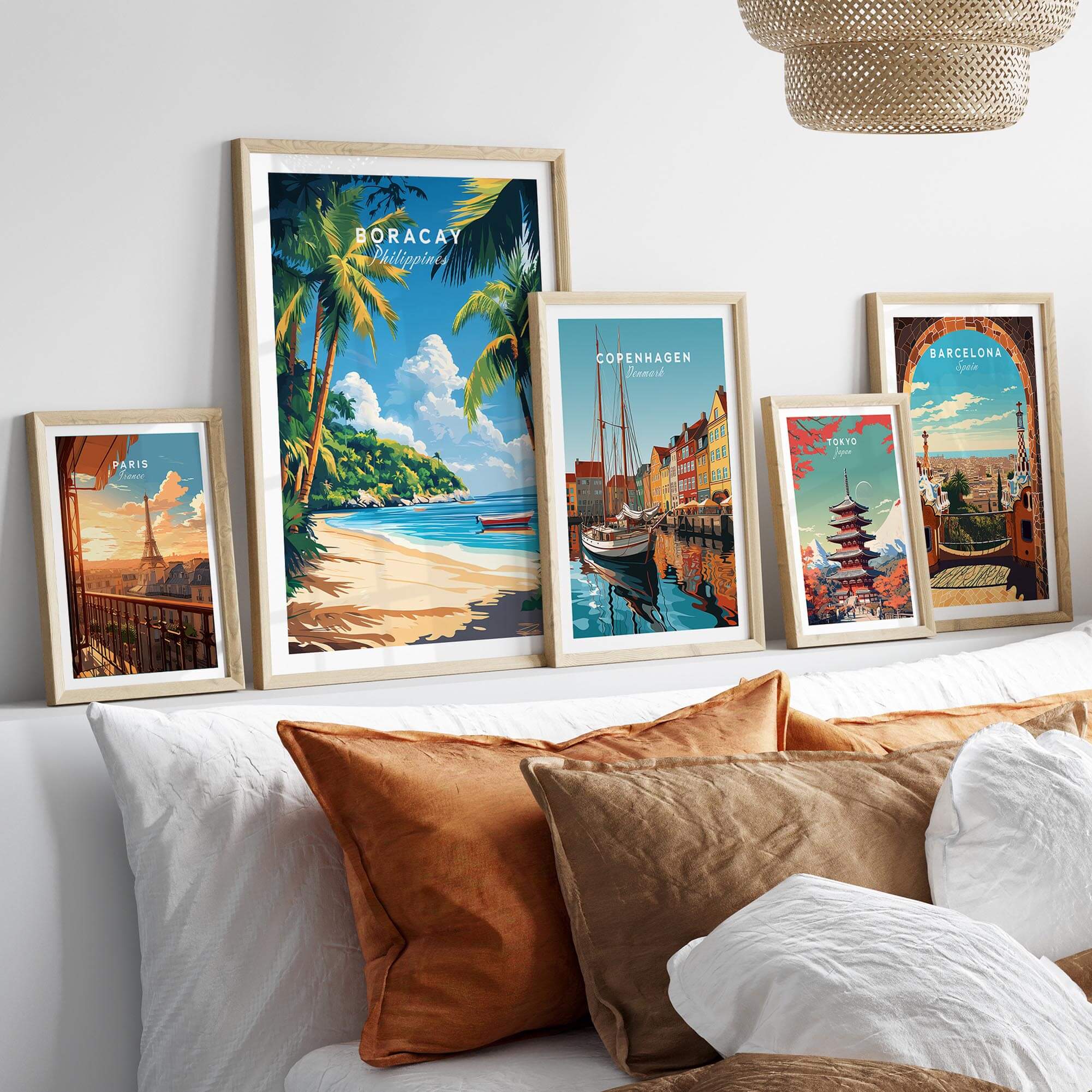 Boracay Philippines Wall Art featuring vibrant travel posters against a stylish home decor backdrop.