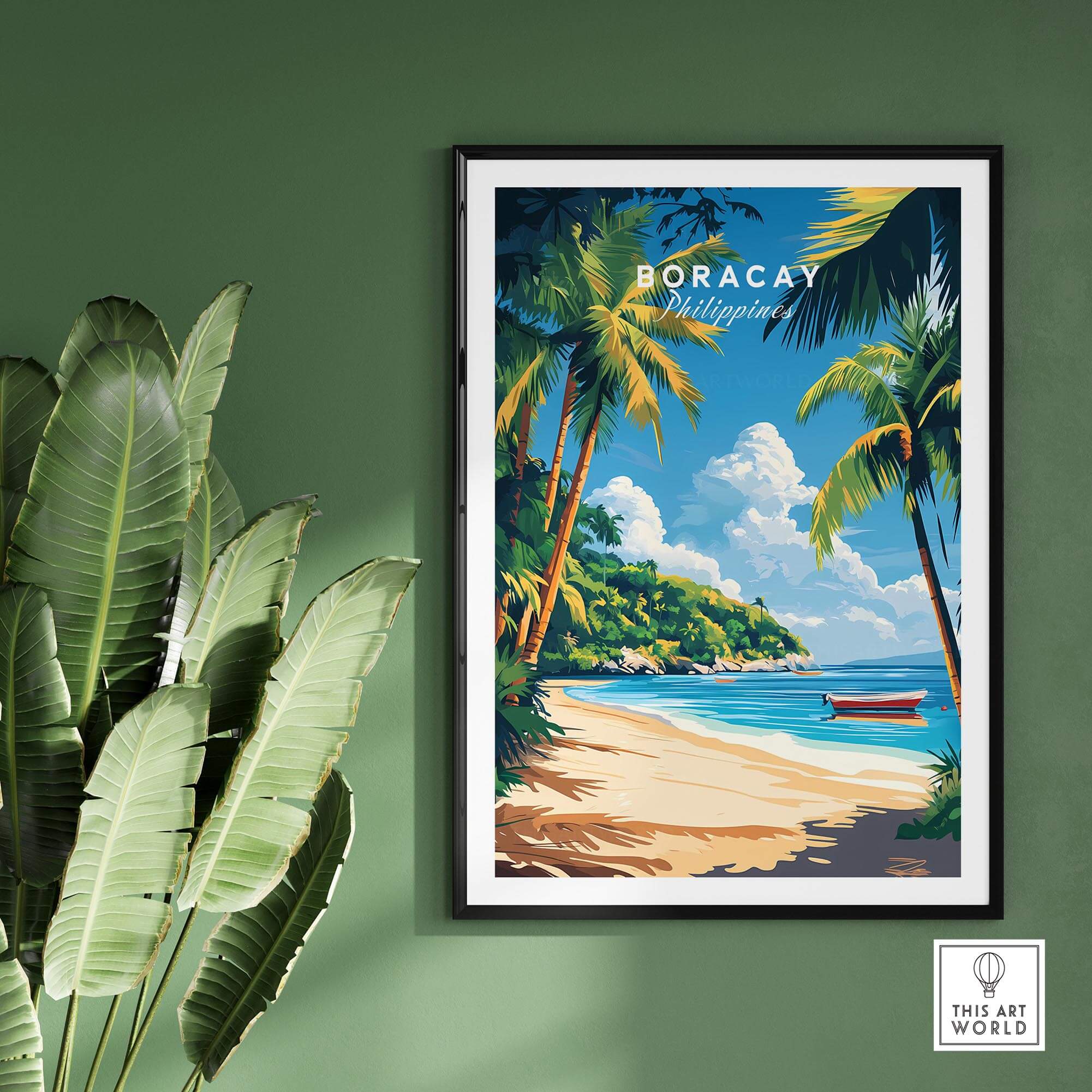 Boracay Philippines Wall Art featuring a tropical beach scene with palm trees and a boat.