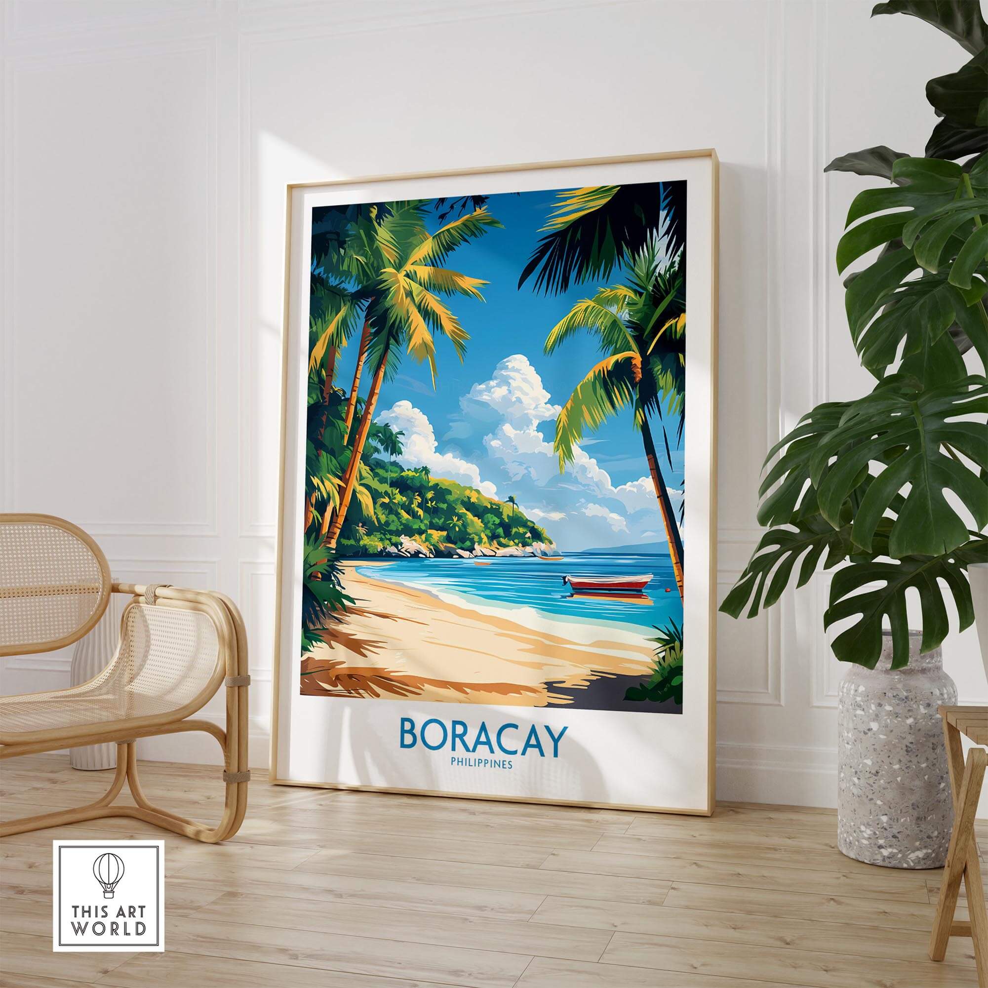 Boracay Philippines Wall Art Print featuring a tropical beach scene with palm trees and a boat.