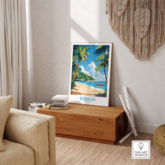 Boracay Philippines Wall Art Print featuring a tropical island scene with palm trees and a beautiful beach.